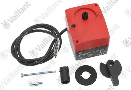 Vaillant Motor in rotem Gehäuse, mit Anschlusskabel und Montageset, bestehend aus Schrauben und Zubehörteilen, zur Verwendung in Heizsystemen.